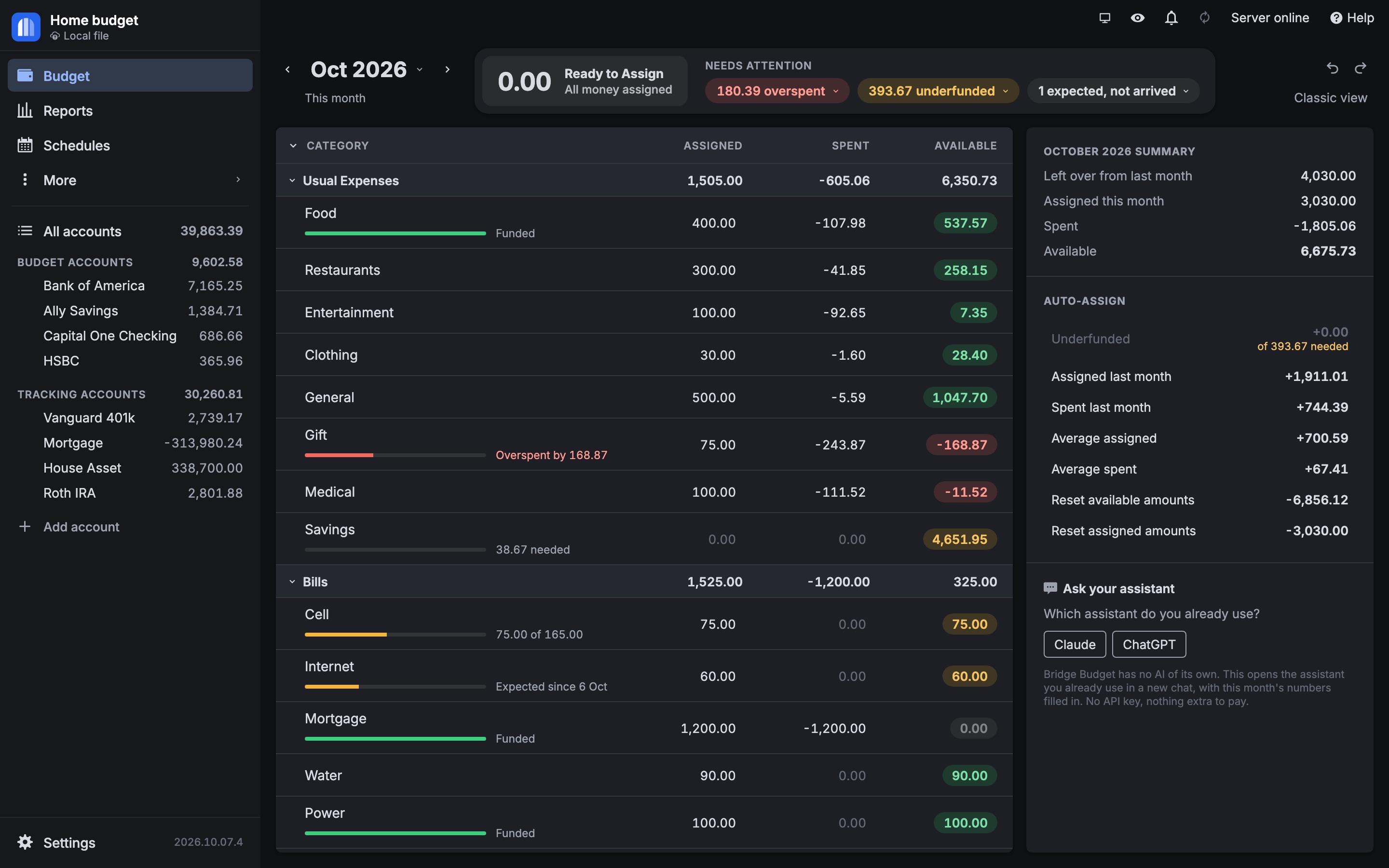 The budget screen in dark mode