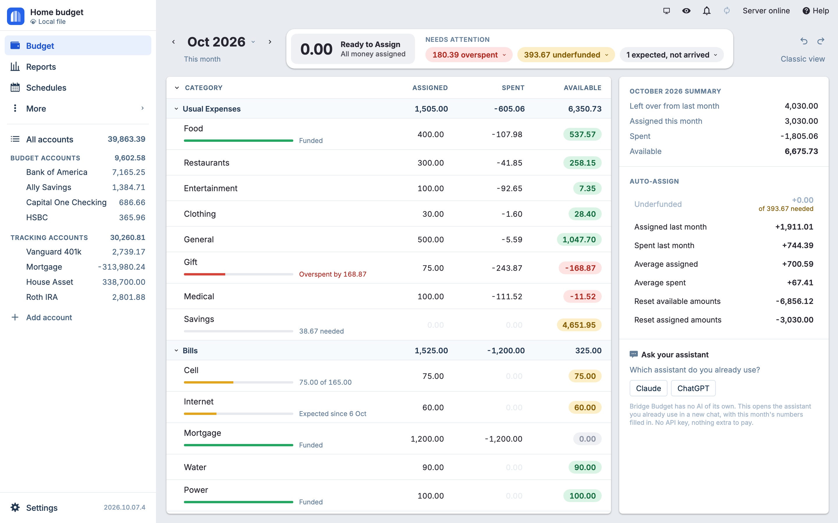 The Bridge Budget budget screen: categories with targets and Available amounts